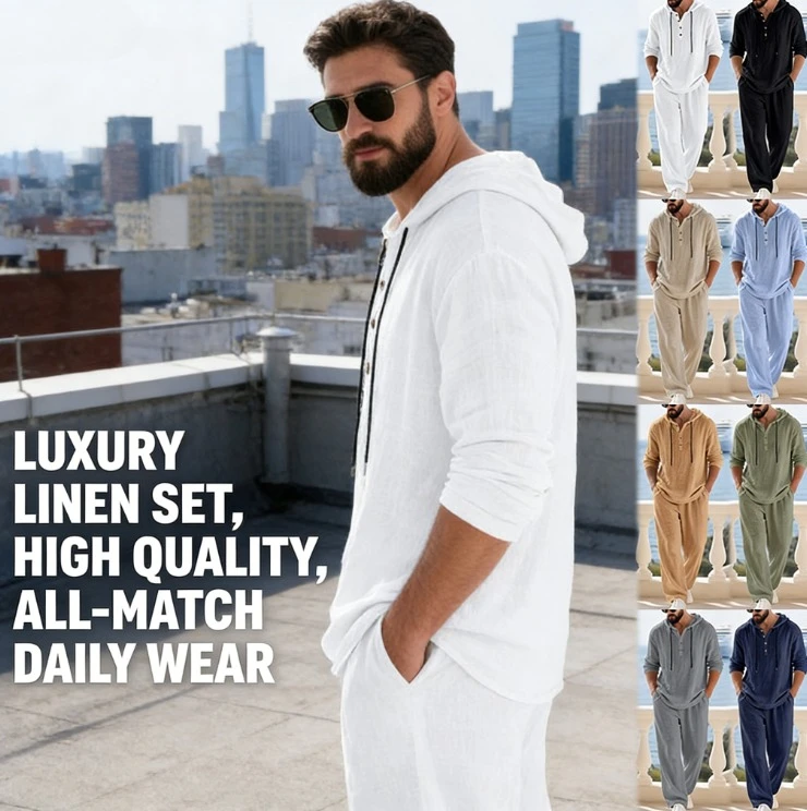 Men's Casual Linen Sports Set Autumn Loose Hooded Long Style Long Sleeve Long Pants