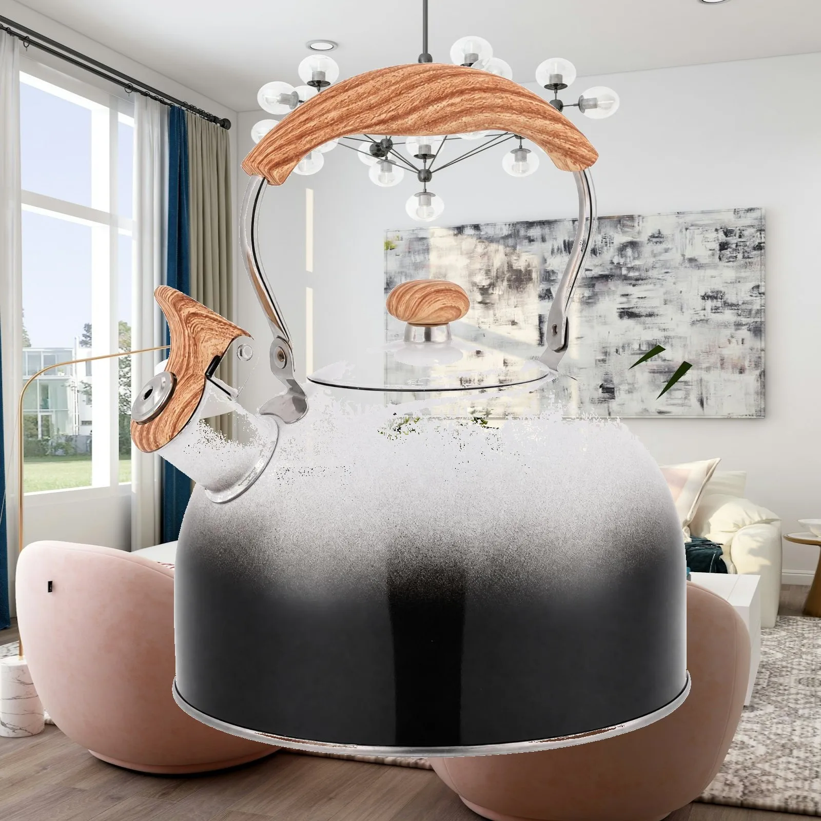 Stainless Steel Whistling Kettle for Gas Stove Large Capacity Water Tea Kettle with Wood Grain Lid Knob and Lever