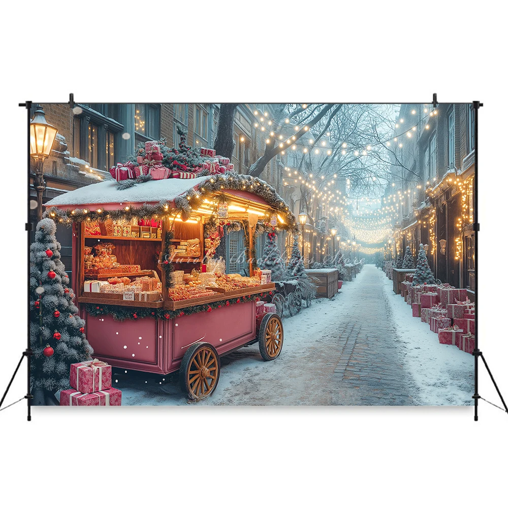 Fond de chariot de nourriture de Noël, adulte, famille, accessoire de photographie, enfant, bébé, décor de rue, paysage de neige, magasin de ville, toile de fond de studio photo