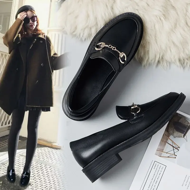 Women's Shoes 33-44 Black Round Head Fabric Loafers British Style Small Leather Shoes Women's Korean Version Vintage