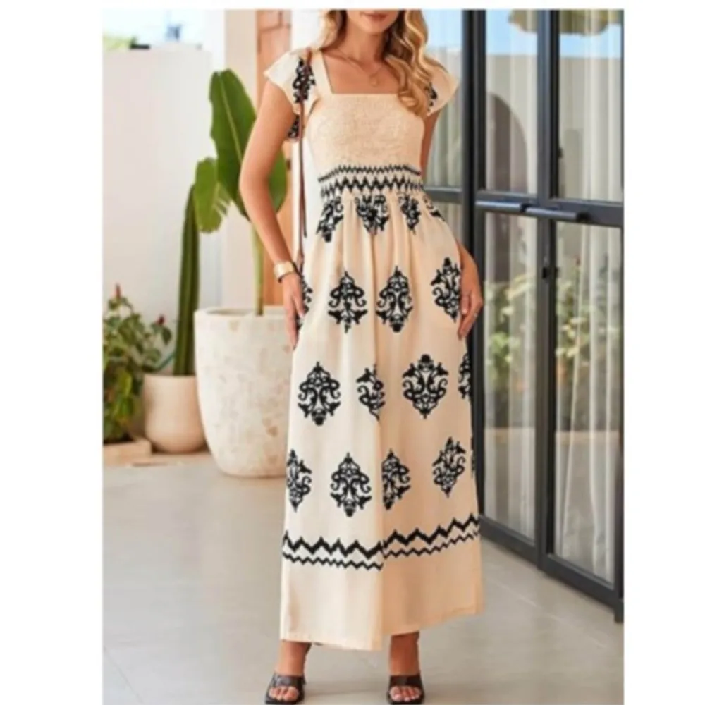 Macacão boêmio feminino verão retro impresso capa mangas moda bolsos de cintura alta macacão de perna larga feminino 2025