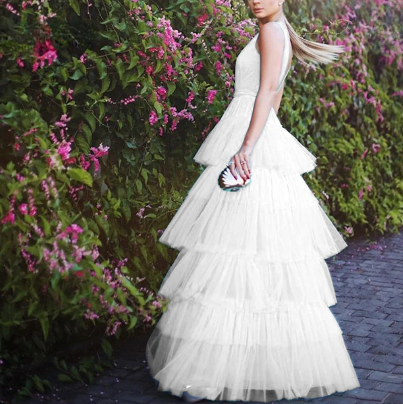 Robe de soirée longue en maille à volants pour femmes, col en V, rose, blanc, bleu, organza, bouffante, élégante, robe de Rhà plusieurs niveaux