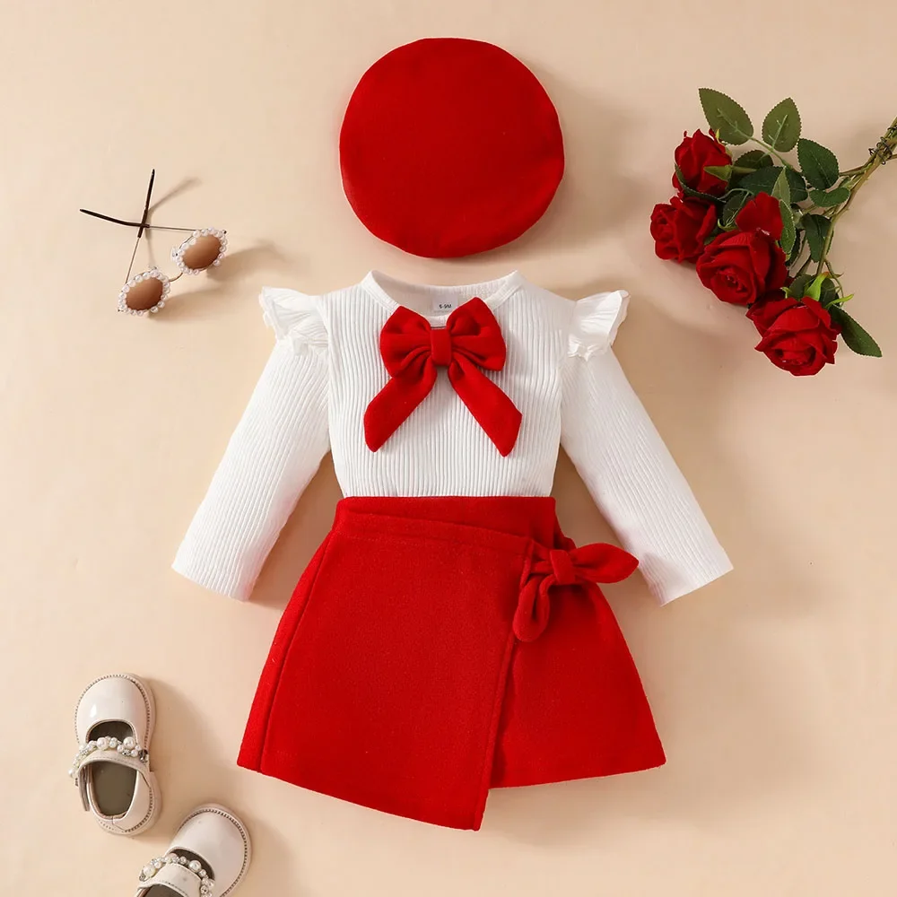 MILANCEL 0-3Y Baby Girls Clothing Set Big Bow Blouse And Red Skirt With Beret 3 PCS Girls Clothes Suit Infant Girls Outwear