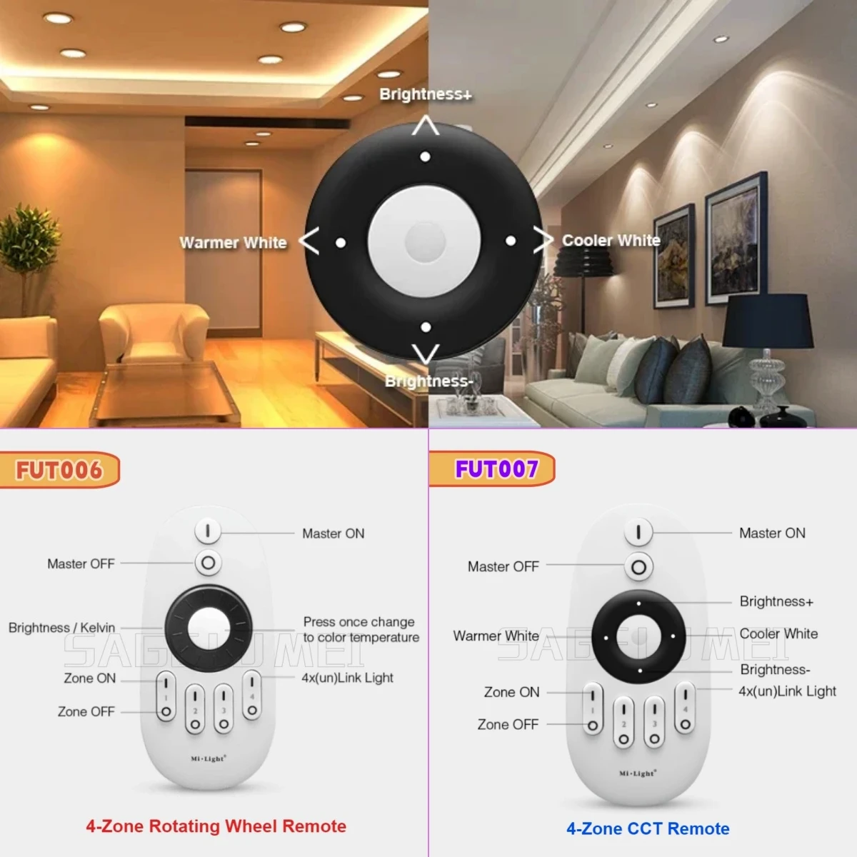 Miboxer FUT006 FUT007 2.4GHz 4 Zone Rotating Wheel/Button Remote Touch RF Wireless CCT Remote Control LED Strip Controller