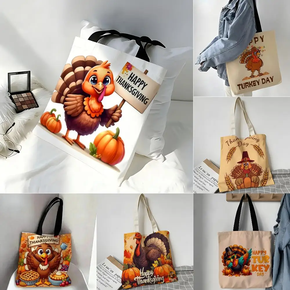 Storage Bags Casual Portable Shoulder Bag Lightweight Shopping Bag Reusable Linen Bag Cute Turkey Celebrate Thanksgiving
