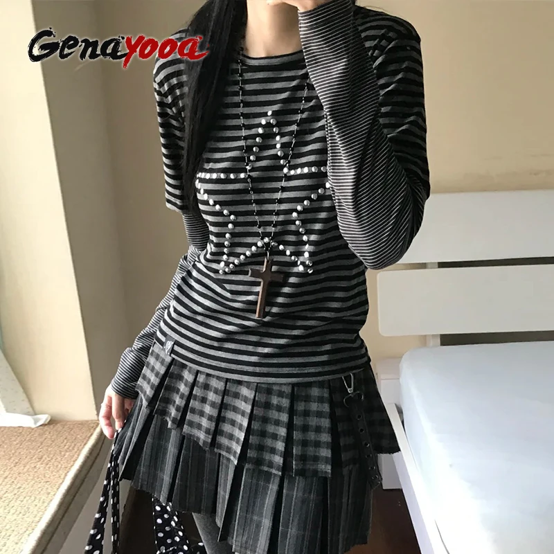 

Genayooa Y2k японская футболка женская с длинным рукавом в полоску с принтом звезды графические топы американские ретро футболки уличная одежда топы в стиле гранж