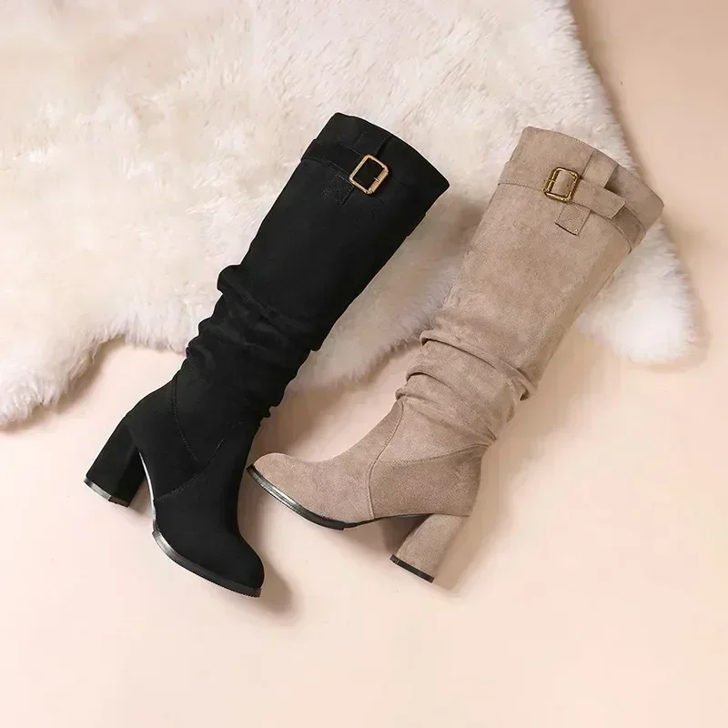 Women's Mid-calf Boots Fashion Middle Follow Suede Long Boots New Shoes for Women Outdoor Breathable Knee-High Shoes Botas Mujer
