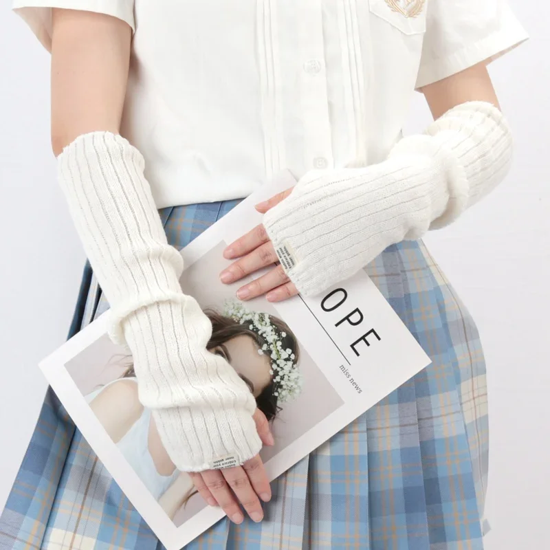 Women Y2K Fashion Fingerless Mittens White Black Cosplay Anime Gloves Winter Arm Warmers Gothic Harajuku Knit Mitten Arm Sleeves