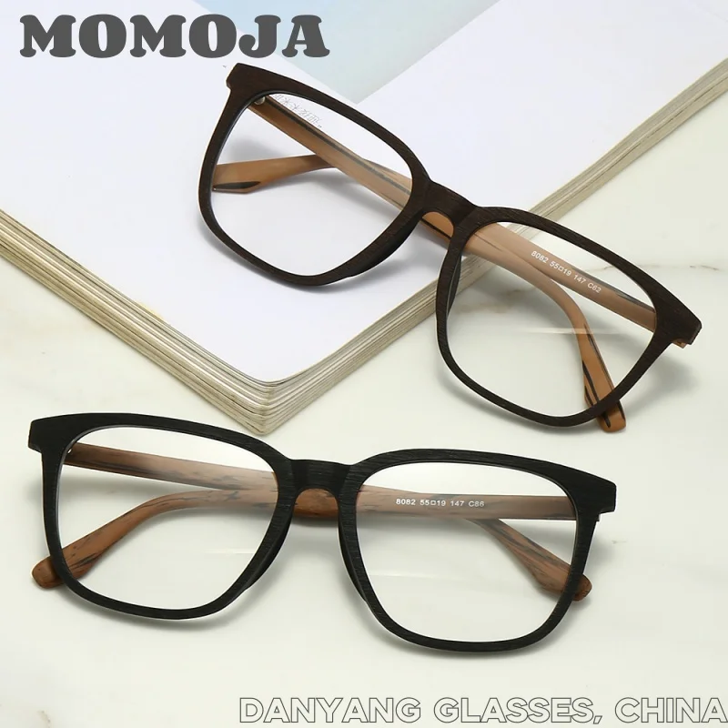 

MOMOJA Prescription Eyeglasses Frames For Men and Women Retro Round Wood Grain Optical Glasses Frame with Clear Lens 8082