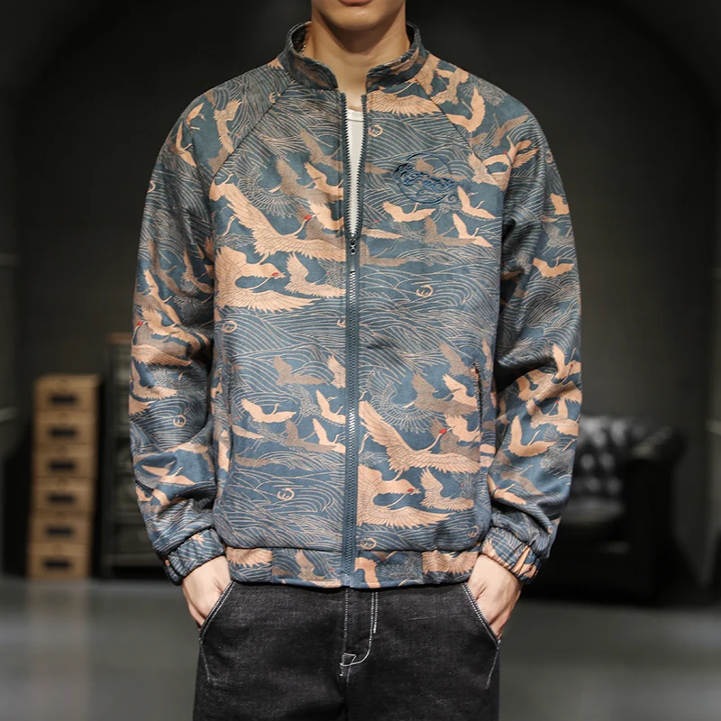 

Chinese Style Plus Size Crane Print Zip-Up Jacket Long Sleeve Spring Autumn Coat Loose Fit Oriental Outerwear for Men M-XXXXXL
