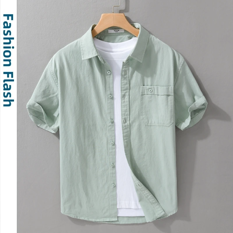 100% Cotton Simple Short Sleeve Men's Summer Shirt  White Green Khaki Thin Fresh Solid Color Shirts For Men Clothing Vintage