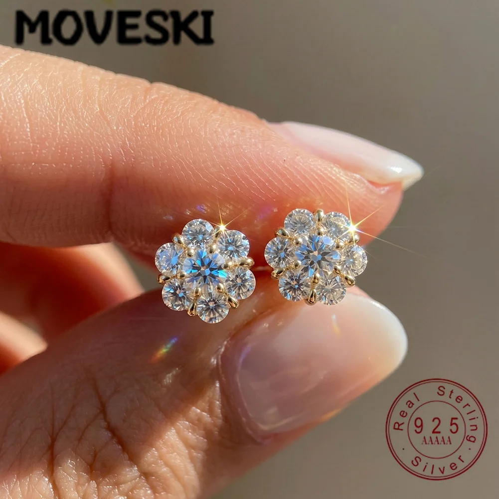 

MOVESKI 925 Sterling Silver Moissanite Flower Stud Earrings Sparkling Round Cut Moissanite Earrings For Women Fine Jewelry Gift