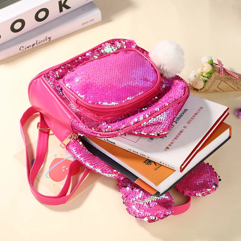 Fashion Sequins Backpack Cute Rabbit Ears School Bags for Girls Zipper Large Capacity Shoulder Bag Princess Kindergarten Mochila