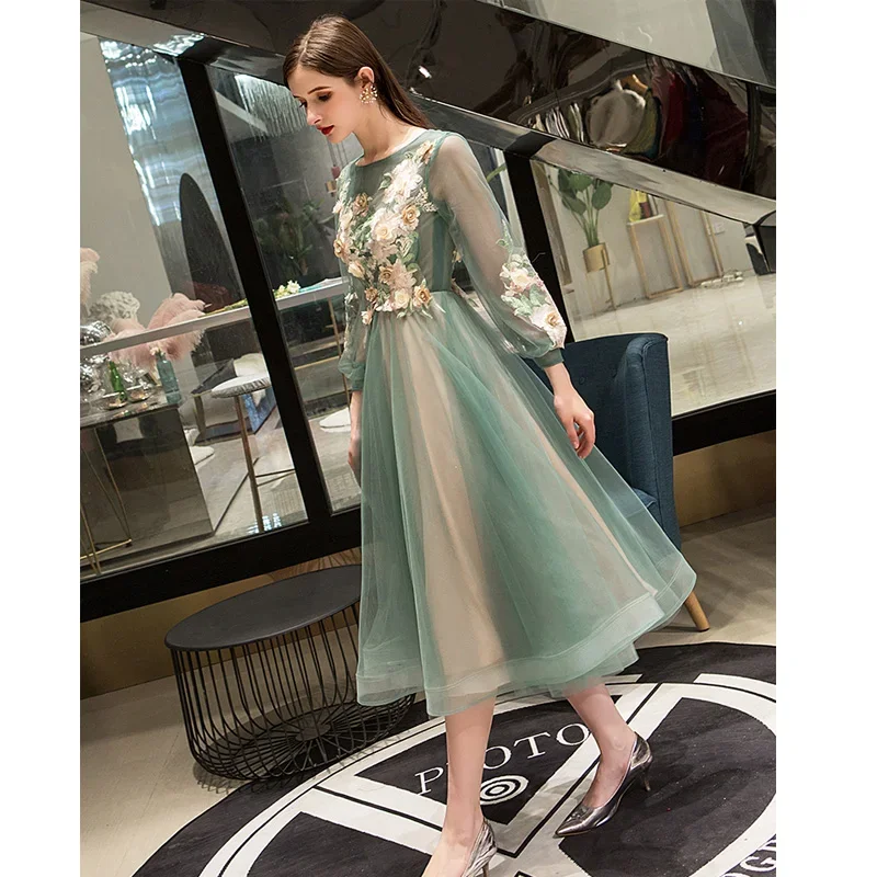 It's Yiiya Evening Dresses Green Appliques Floral O-Neck A-line Tea-length Plus Size Robe De Soiree Women Party Formal Gown E773