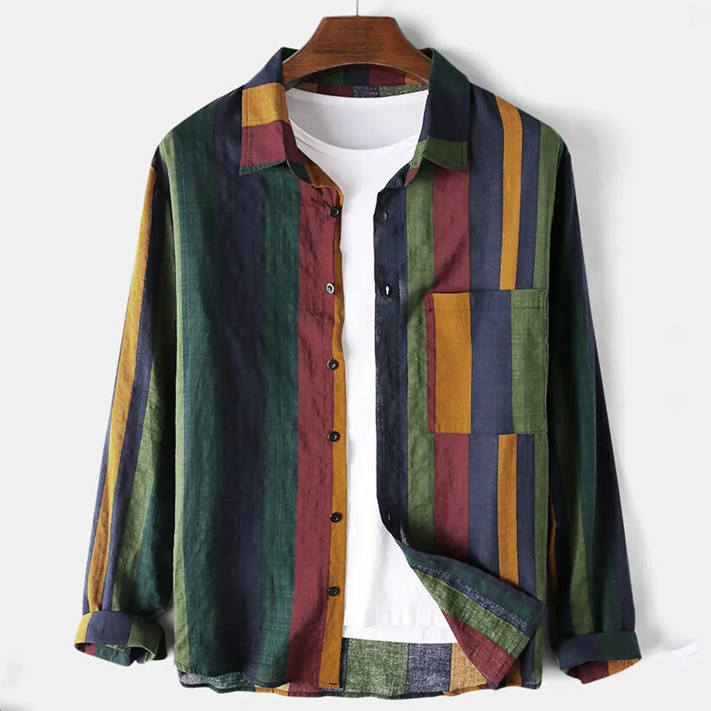 2024 Vintage Stripe Men's Long Sleeve Blouse Hip Hop Style Loose Fit Travel Friendly Fleece Lined Shirt Stand Collar Design