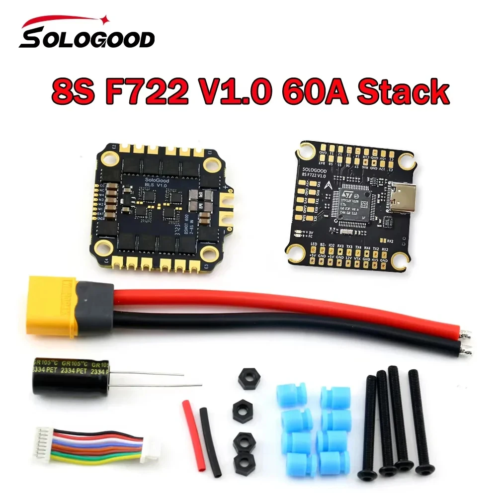 

SoloGood 8S F722 60A Stack 8S F722 Flight Controller BLHELI_S 60A 4in1 ESC 30.5X30.5mm 3-8S for FPV Freestyle Drones Parts