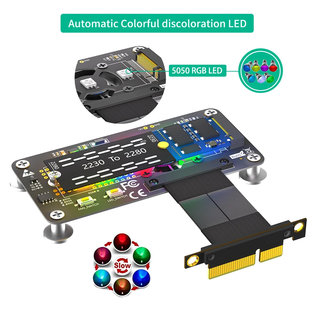 3 in 1 Combo M.2( NGFF) NVME M-key SSD to PCI- E 4X Extension Cable With Cooling Fan and Automatic Discoloration LED 10CM/5CM