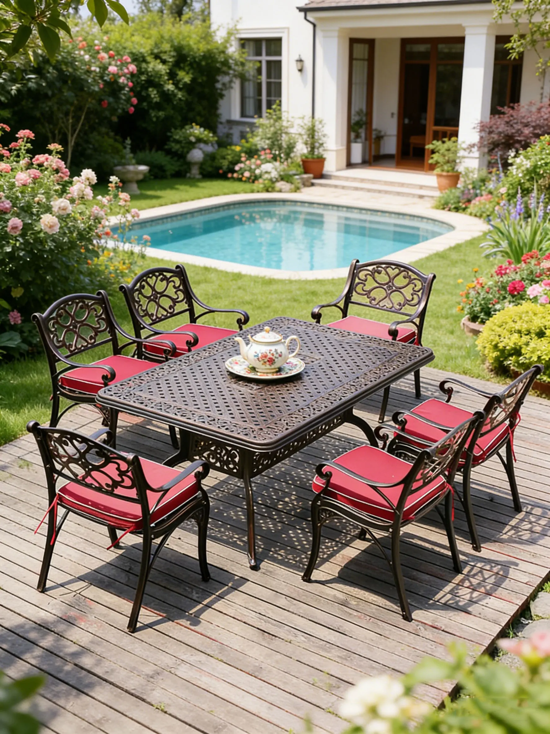 & Outdoor Patio  Furniture Set Waterproof Sun Resistant Wrought Iron Dining Table Chairs European Design for Outdoor