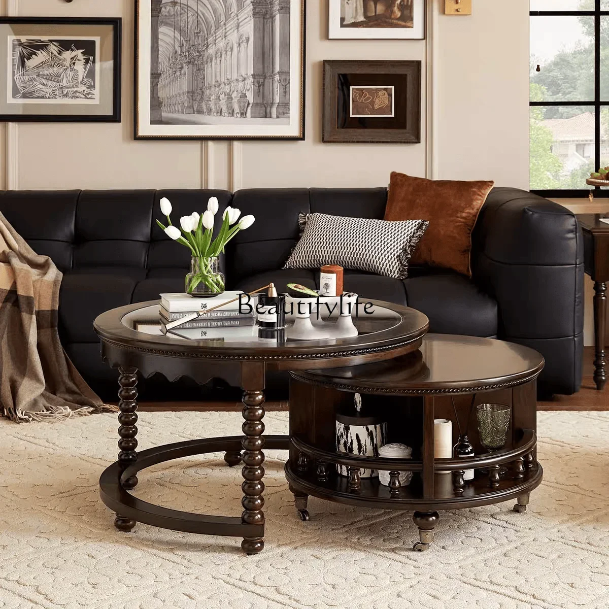 

Z.American retro round solid wood coffee table combination modern simple living room home