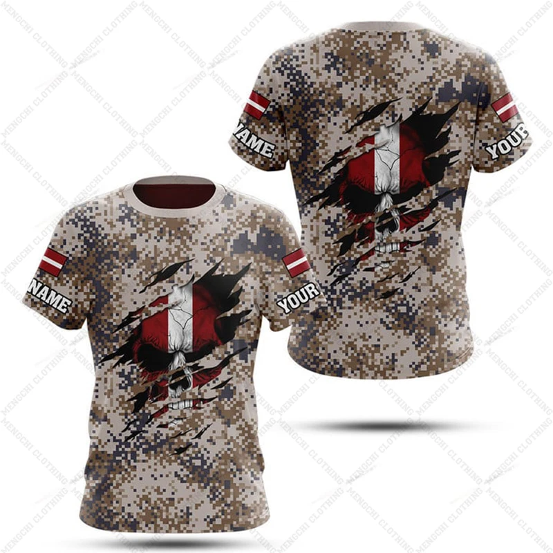 Custom Name Summer Casual Latvia Flag Camouflage Graphic T-shirts Men's Fashion Jersey Short Sleeve Tops Fast Dry Sportswear
