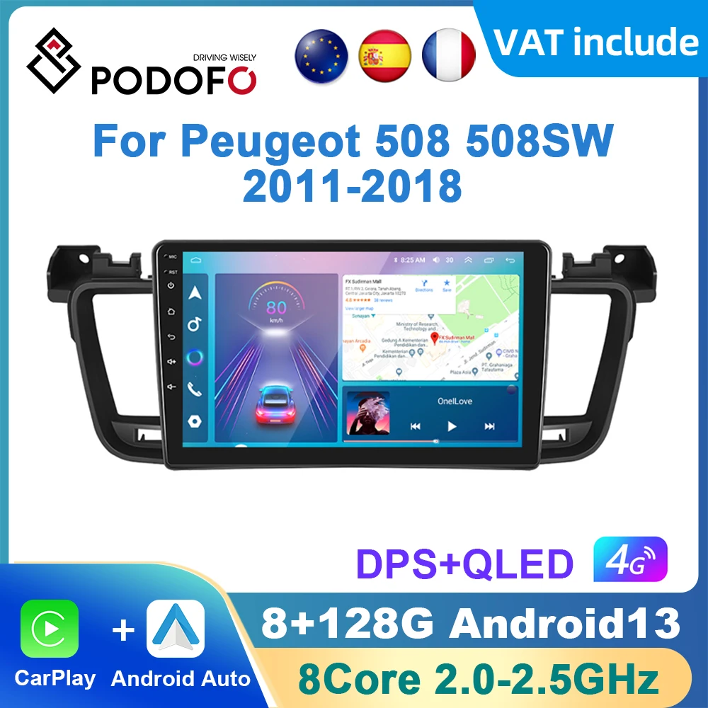 Podofo AI Voice Android Carplay Car Radio For Peugeot 508 508SW 2011-2018 Android Auto Multimedia Player GPS Navigation RDS