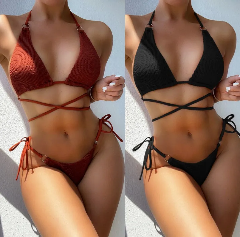 

Пляжный купальник-бикини с перекрестными бретелями для женщин: модный дизайн, завязки на шее, идеально для туризма, спорта, йоги и фитнеса