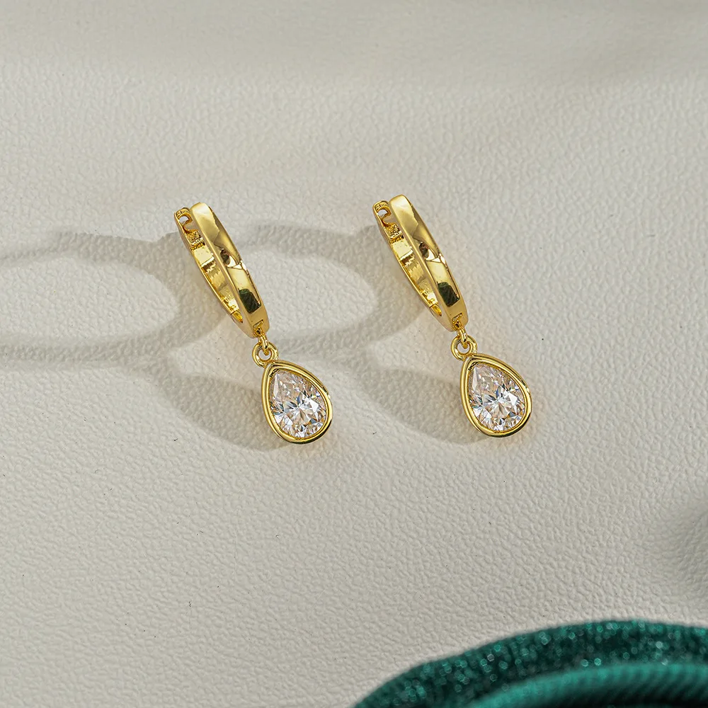 14K Gold Plated 925 Sterling Silver Teardrop Moissanite Drop Hoop Earrings | Elegant Sparkling Dangle Jewelry for Women & Gifts - view 2