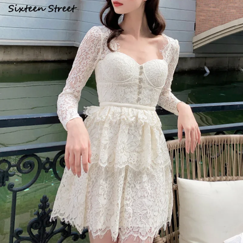 

Vintage Apricot Mini Dress Women Diamond Button High Waist Lace Party Dresses Woman Vestidos Long-sleeve Spring Elegant Clothing