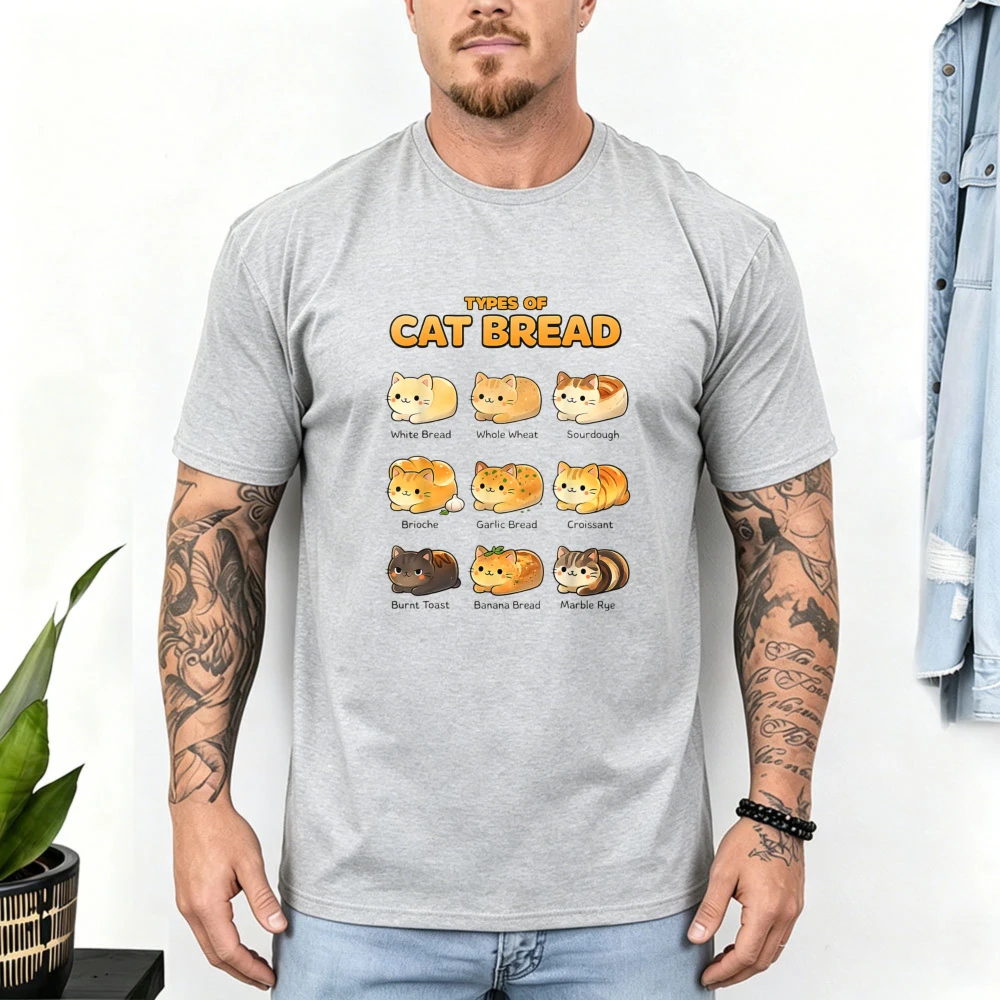 Types of Cat Bread Unisex Cotton T Shirt Cute Cartoon Cat Loaf Bread Chart Print Cat Lover Casual Soft Daily Fashion Top Apparel
