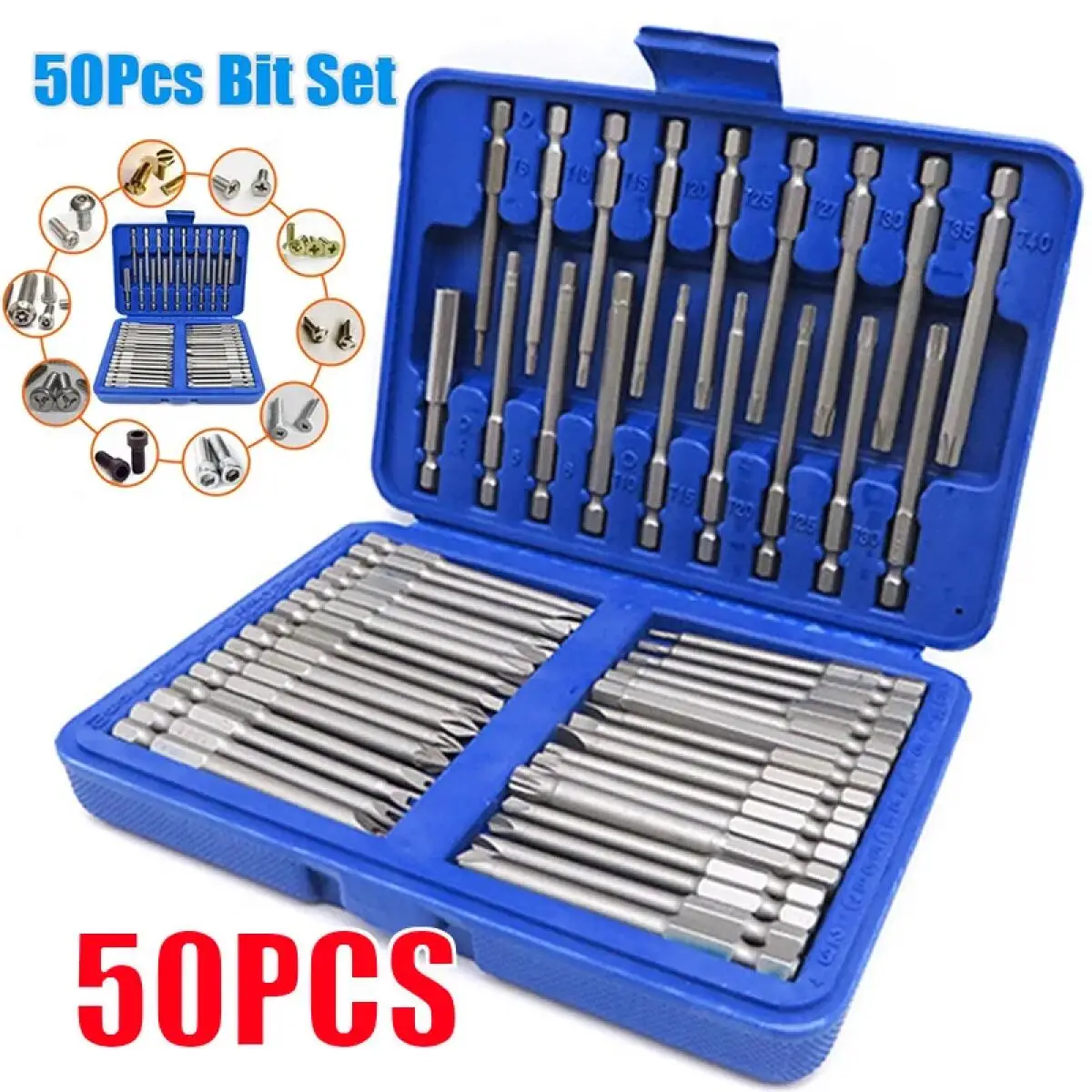 50Pcs Extra Long Screwdriver Set 75mm Safety Bits Torx Star Hex Wrenches Fully Automatic Hand Tool Kit
