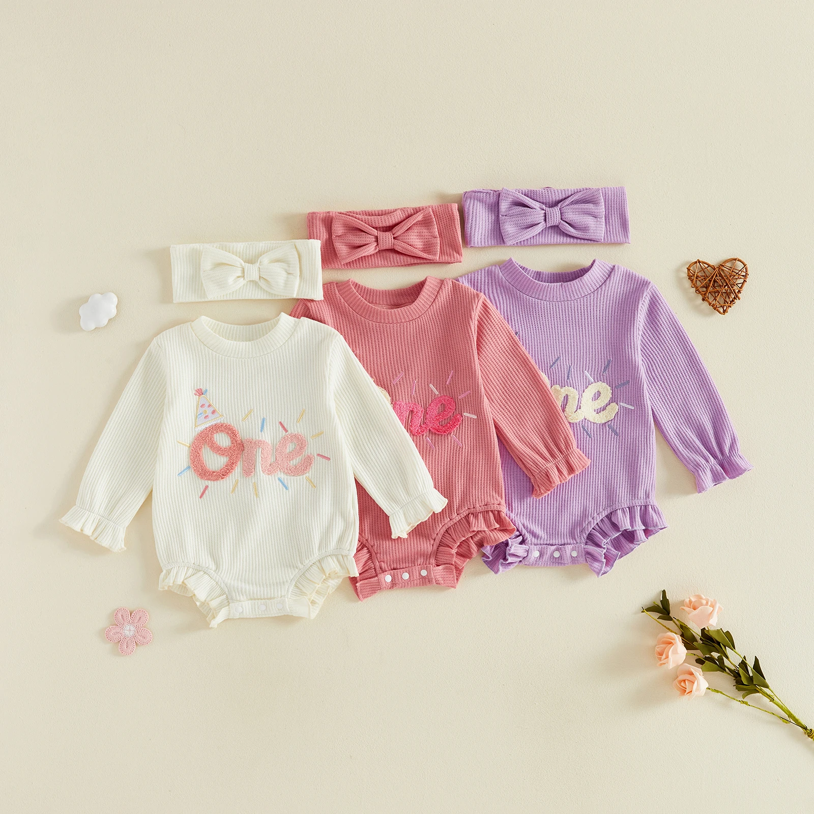 Baby Girls Birthday Romper Long Sleeve Embroidery Bodysuits Jumpsuit with Headband