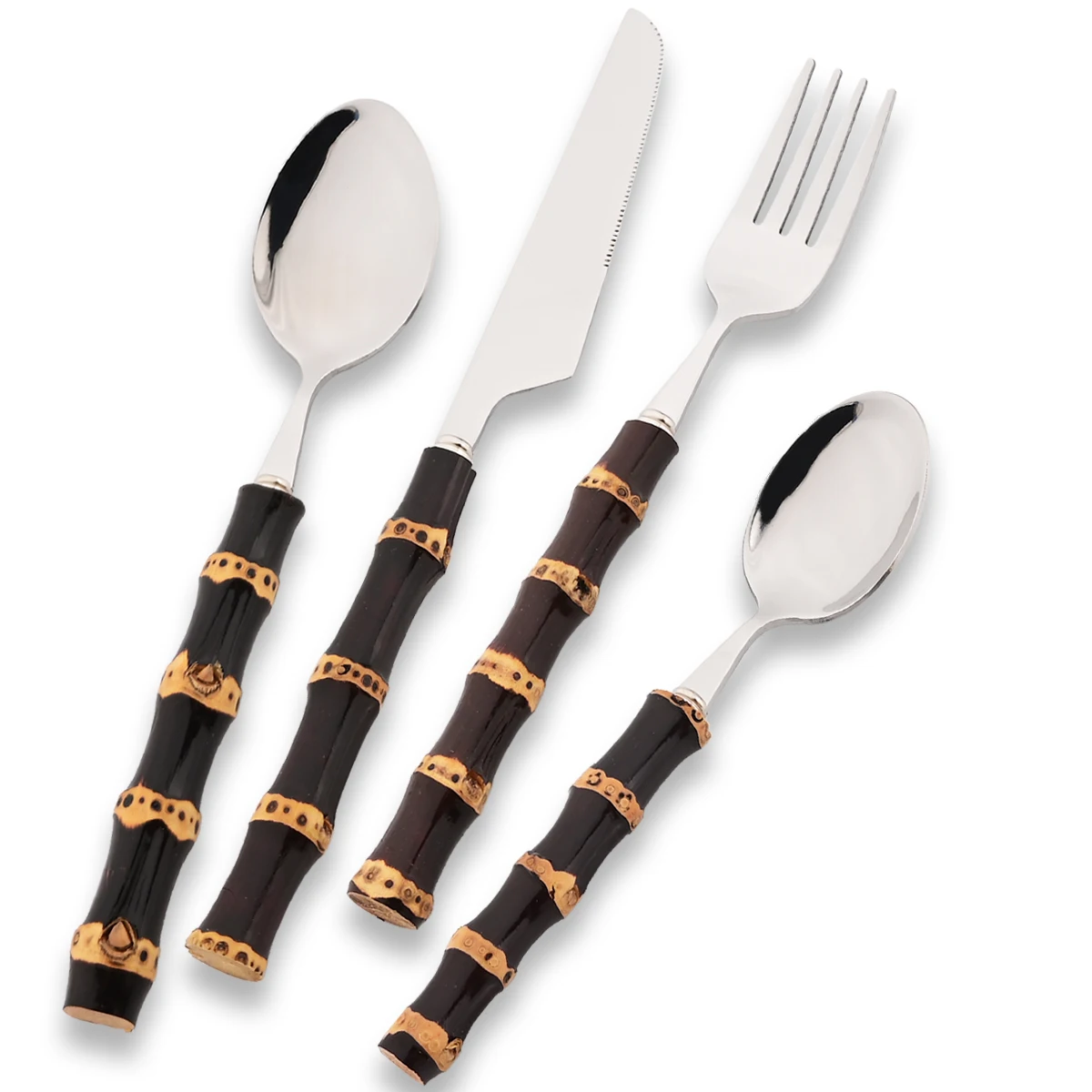 

4 шт., нож, кофейная ложка, вилка, набор столовой посуды, черная бамбуковая ручка, набор столовых приборов, столовое серебро в стиле вестерн, кухонная посуда из нержавеющей стали
