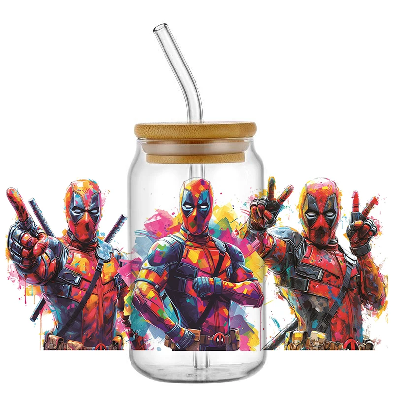 جديد الكتابة على الجدران نمط بطل السوبر 16 أوقية UV DTF ثلاثية الأبعاد ملصق ديدبول فيلم الرعب الكرتون كأس التفاف الكرتون نقل Libbey التفاف DIY بها بنفسك