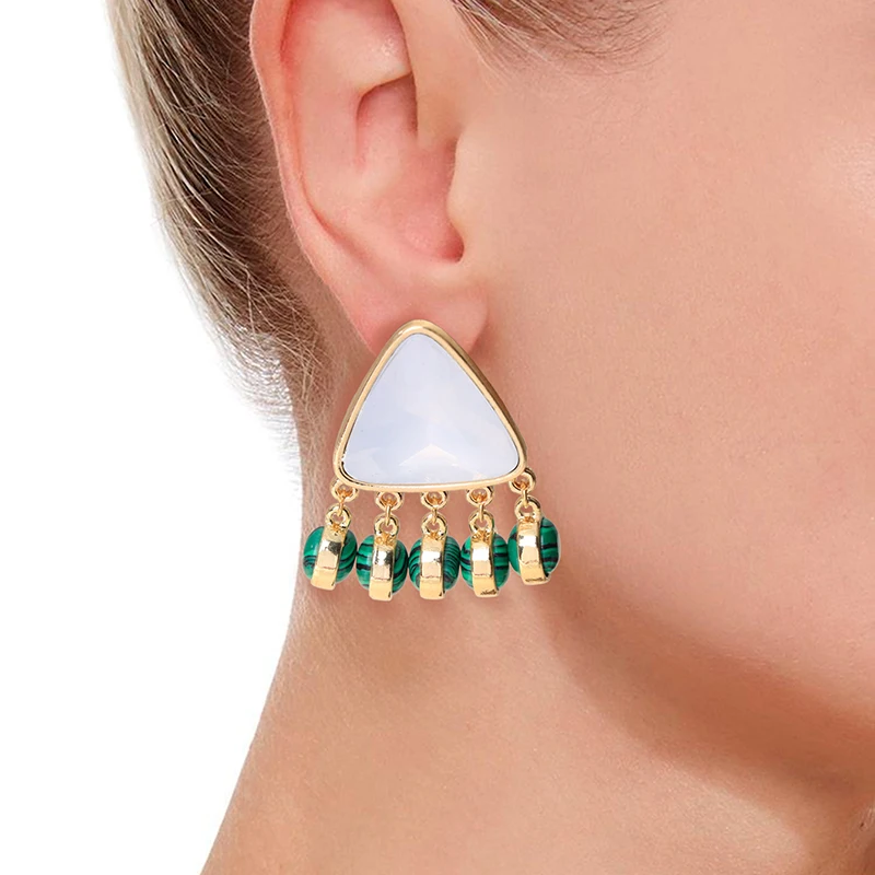 Bohemian style, vintage, triangular, lapis lazuli, malachite fringed earrings, for vacation, travel, Valentine's Day, jewelry