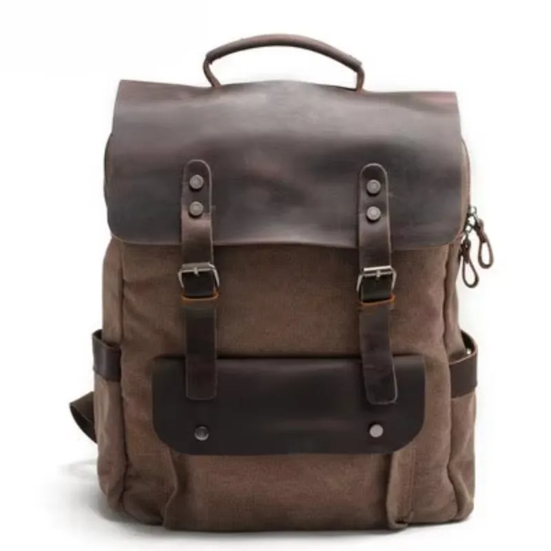Vintage Waxed Canvas Backpack with Crazy Horse Leather Trim, Large Capacity Travel Laptop Rucksack for Men Women