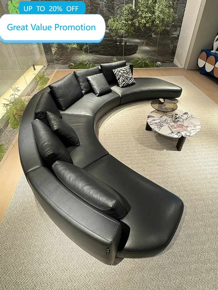 Black Leather Curved Modular Sofa Semi Circular Chaise Low Profile Pillow Backrest Modern Luxury For Living Room Villa