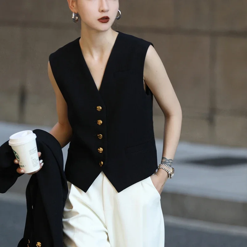 

Vintage Suit Waistcoat Fashion Simple Single Breasted Elegant Women's Sleeveless Vest Casual Solid Color Slim-fnew in outerwears