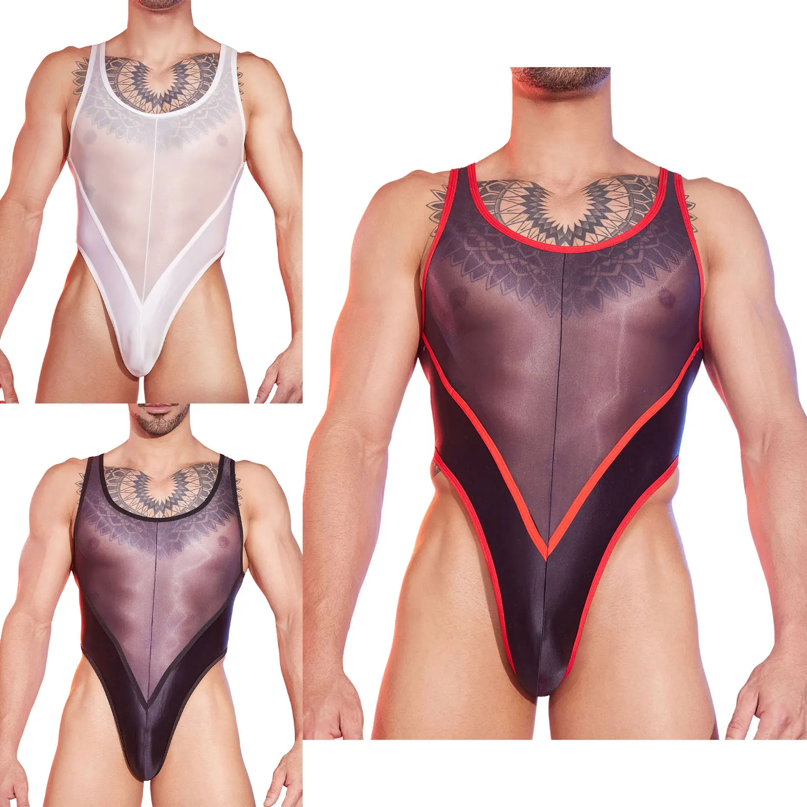 

Mens Sexy See Through High Cut Bodysuit Glossy Sheer Patchwork Sleeveless Bulge Pouch Thongs Leotard Sissy Lingerie Costume