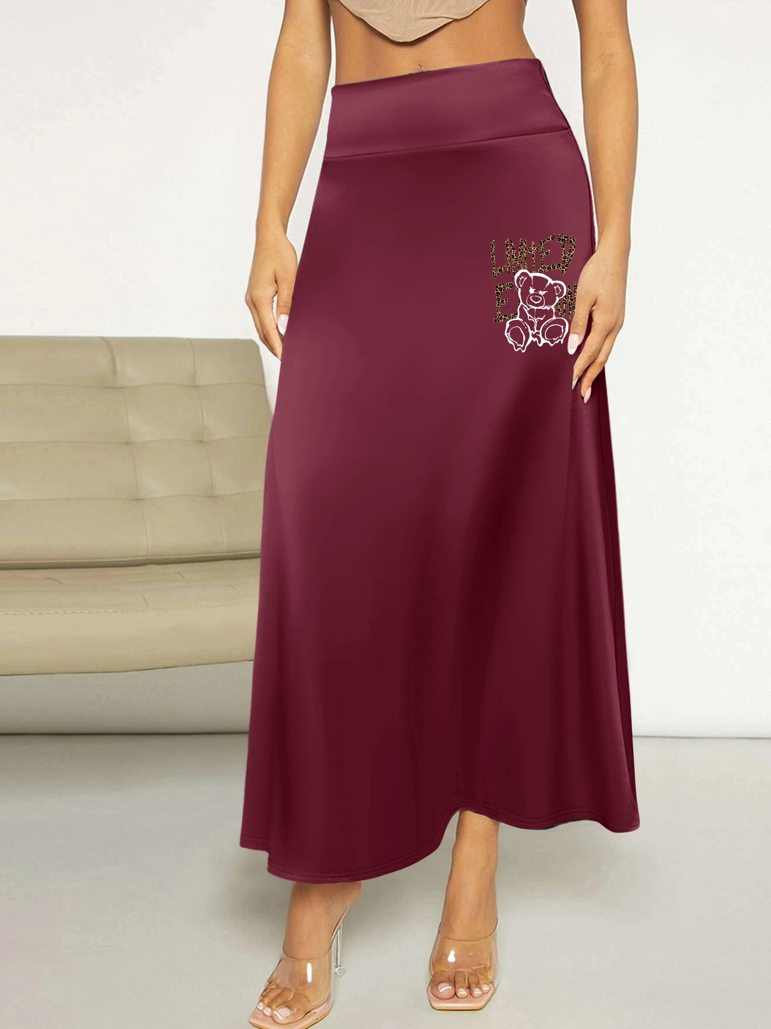 Trendy Maxi Skirt, High Waist "Limited Edition" Bear Leopard Print Casual Flared Skirt