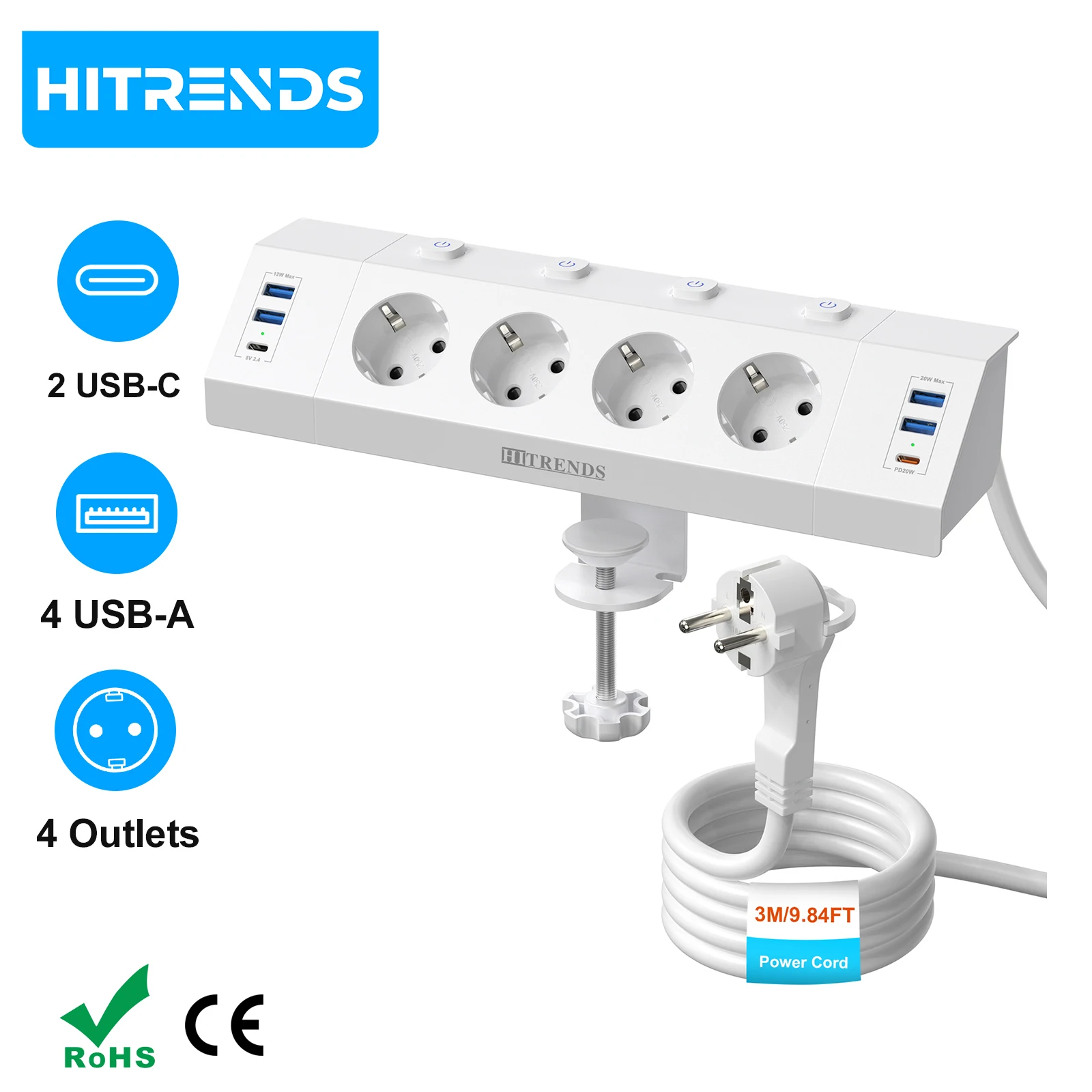 HITRENDS Desktop Power Strip, 3meters extension cord, 4 USB A 2 Type-C fast charge, EU Power Socket with 4 Individual switch
