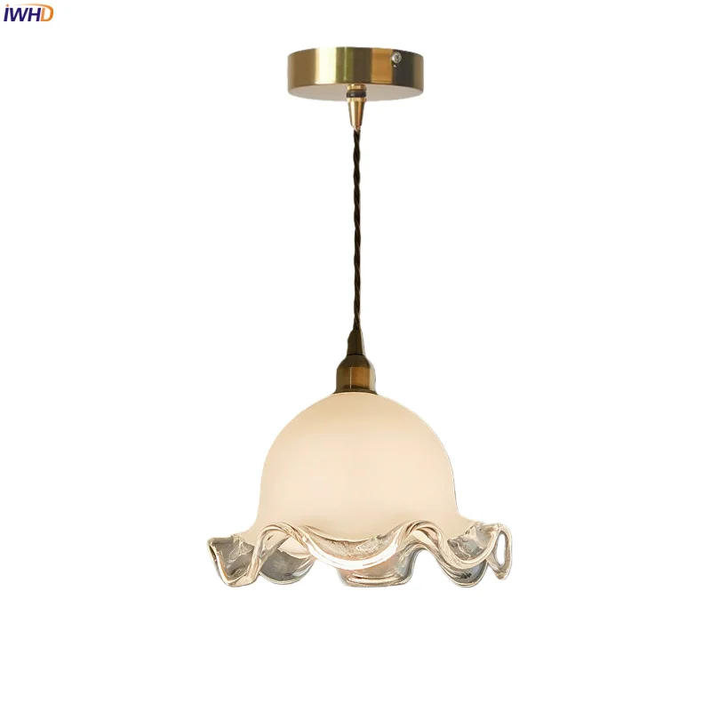 

IWHD White Lace Glass LED Pendant Lights For Bedroom Design Kitchen Home Lighting Nordic Minimalism Copper Hanging Lamp Lighting