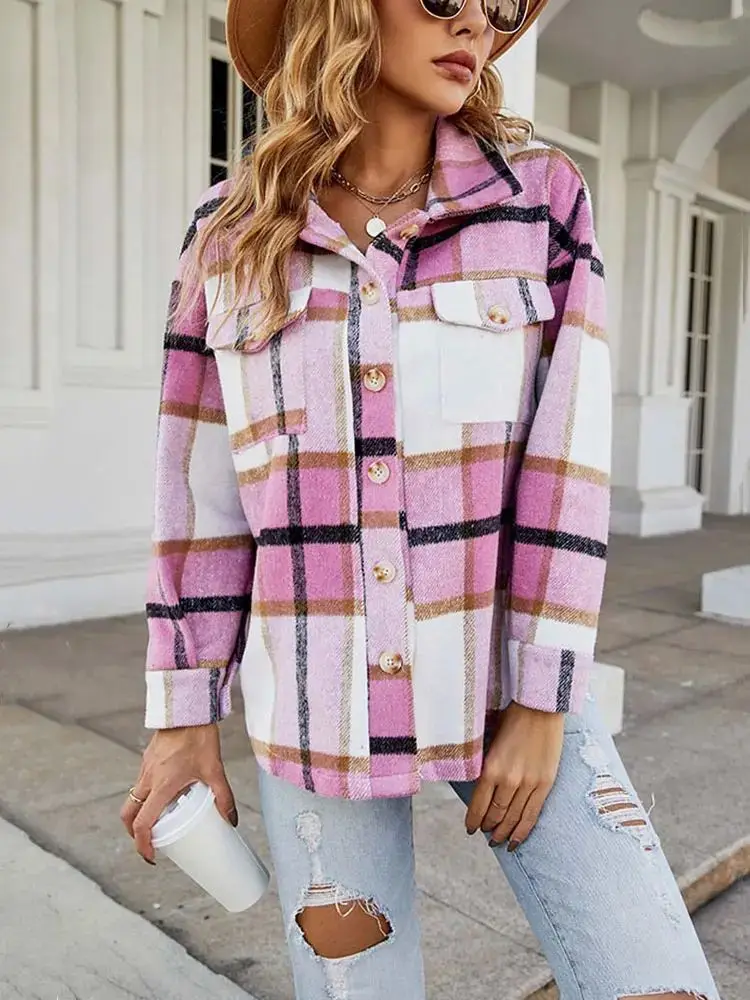 Herbst kariertes Jaet-Damenmantel, Hemd, Cheered-Design, lässig, schick, kamelfarbene Daunenfüllung, Damenmode für den Herbst 2023, Herbst