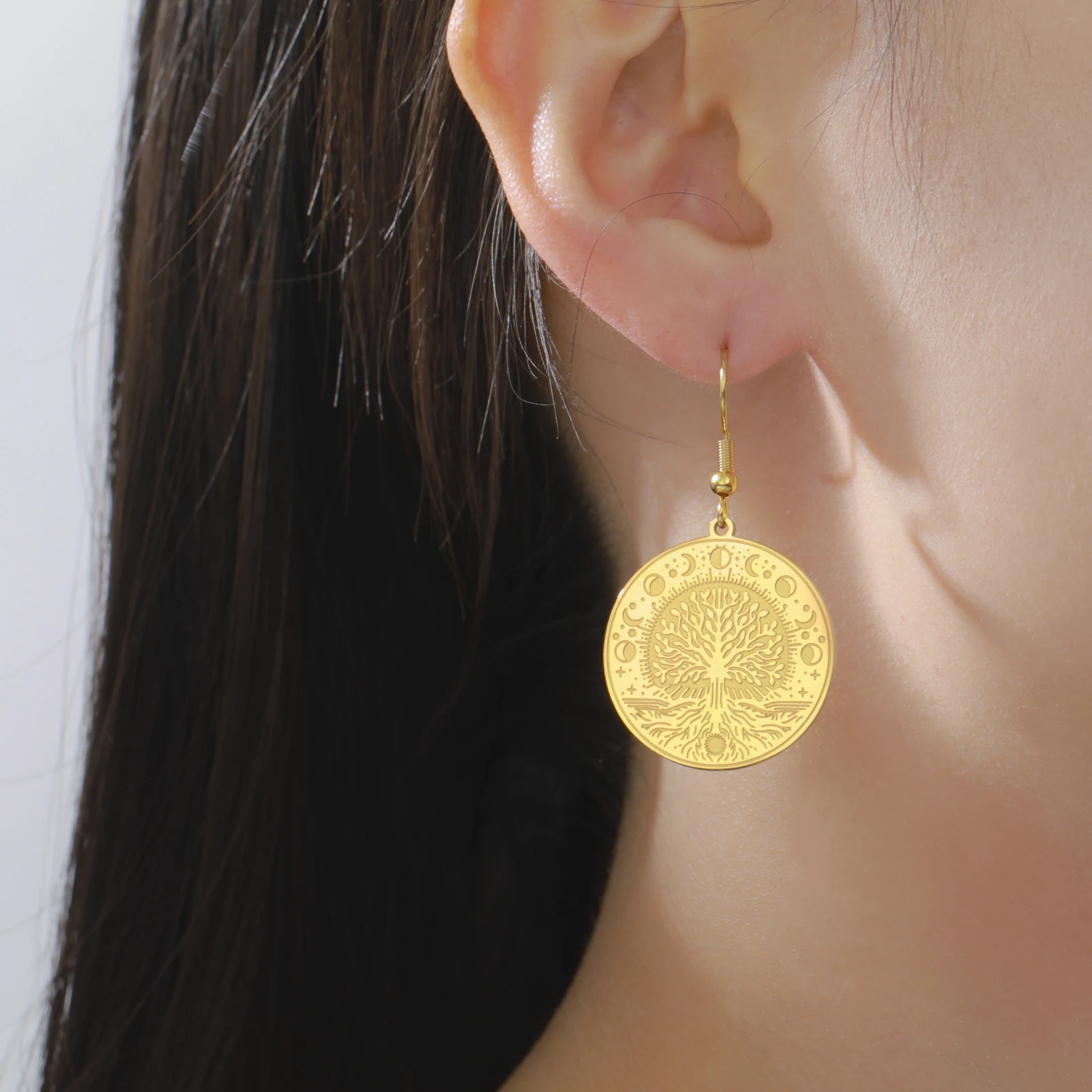 Vintage Mondphase Lebensbaum Ohrringe Edelstahl Keltischer Knoten Totem Runde Damen Ohrringe Glücksschmuck Geschenke