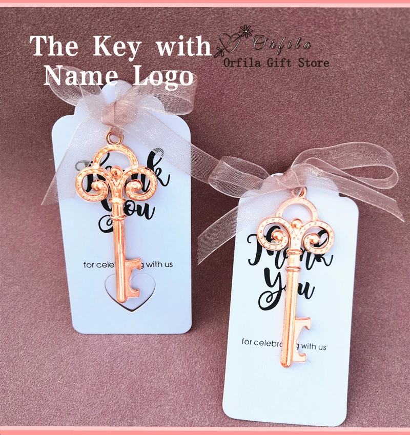 Wedding Gifts For Guests Souvenirs Party Gifts Copper Color Skeleton Key Beer Bottle Opener with Personalized Name Sticker Card