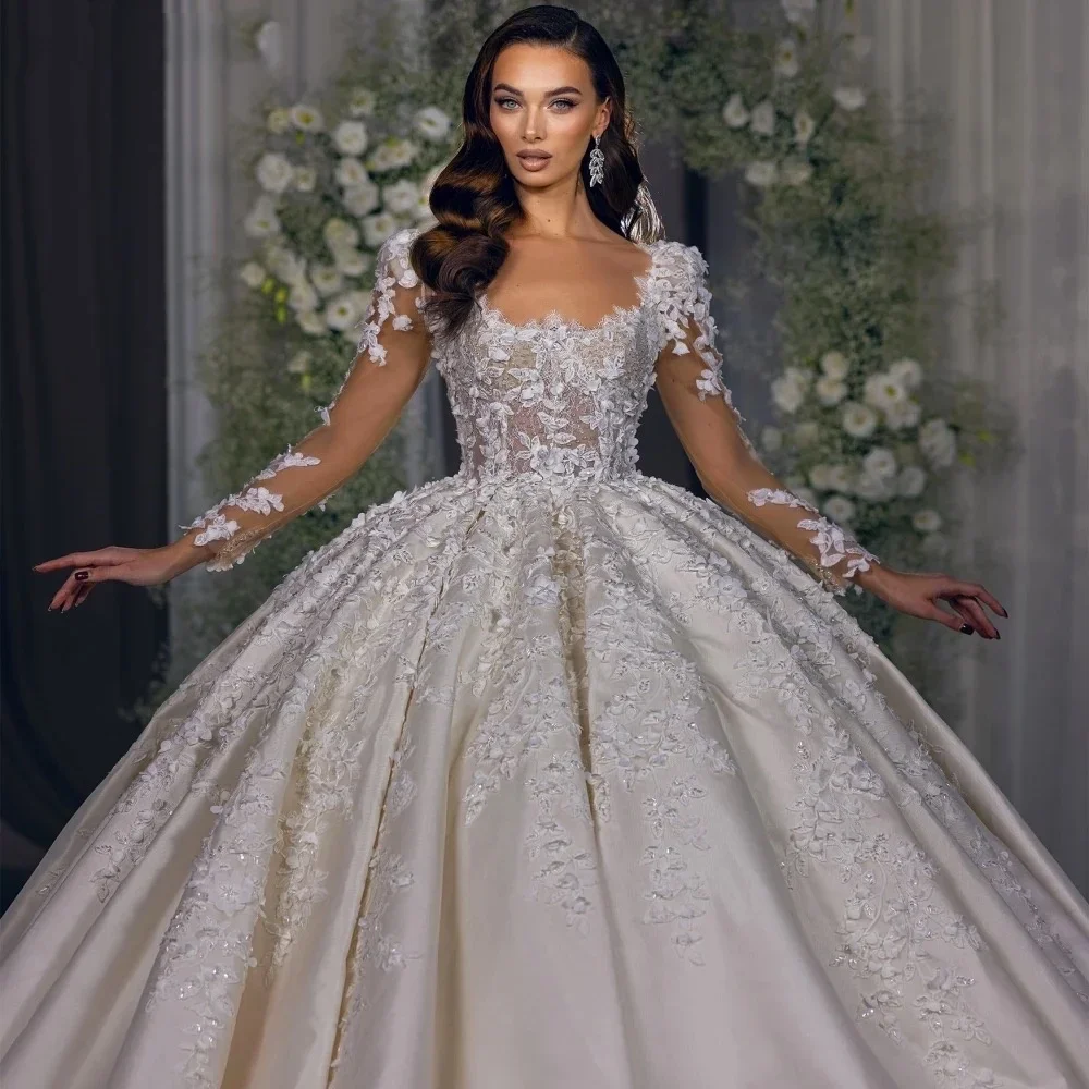 

2025 Customized 3D Flowers Wedding Dress Full Illusion Sleeves Long Bride Dresses Ball Gown Lace-up Bridal Gown Vestido de novia