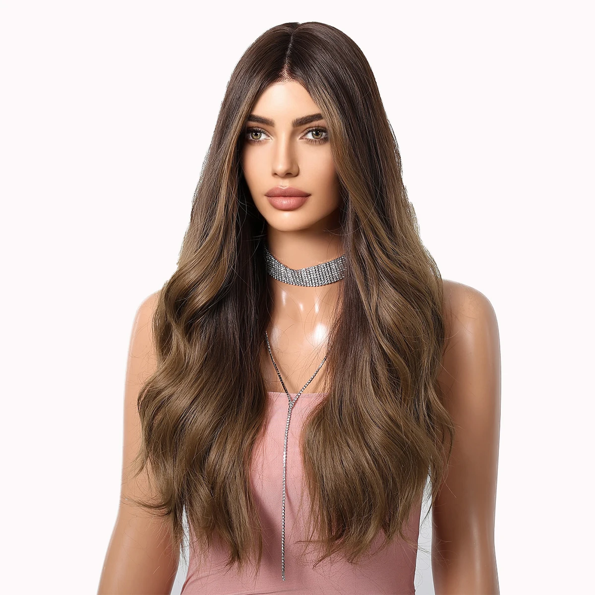 LOUIS FERRE Lace Front Wig Natural Brown Wigs for Women Ombre Auburn Long Curly Synthetic Wig Middle Part Hair Daily Wear Wig