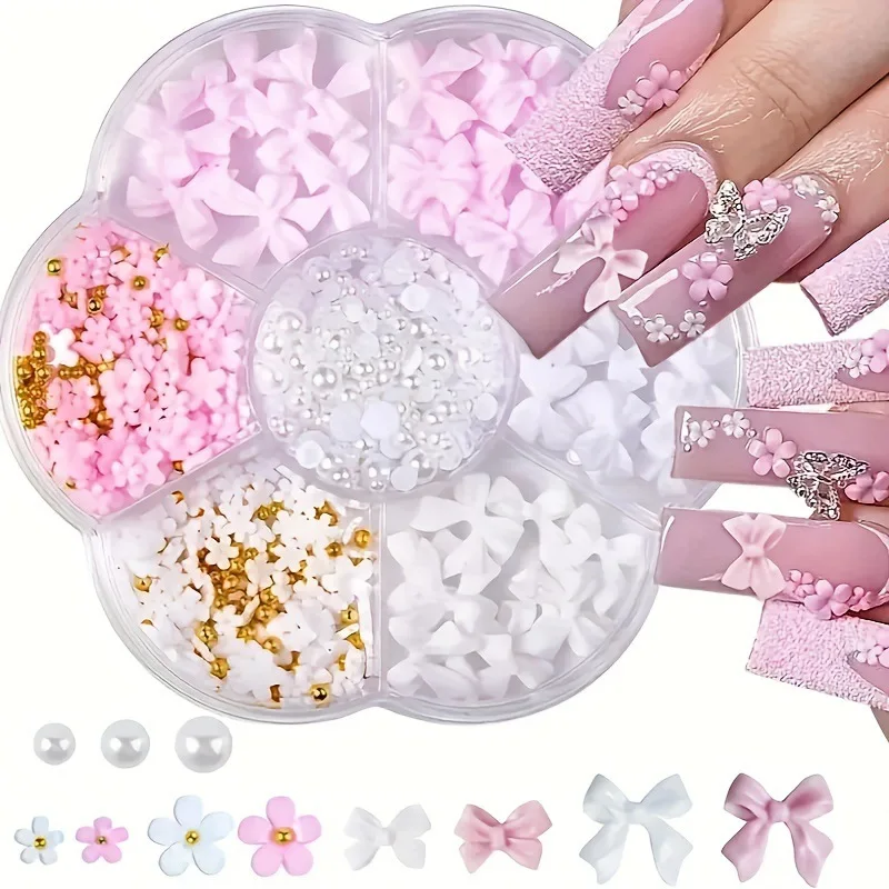 7Grids 3D Pink White Bowknot/Flower Nail Charms Caviar Bead Pearl Five-Petal Forals,Ribbon Nail Art Decoration DIY Nail Supplies