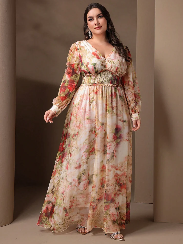 TOLEEN-damska marszczona sukienka maxi z kwiatowym nadrukiem, długi rękaw, plus size, swobodna, formalna impreza, wiosna, lato, nowość, 2024