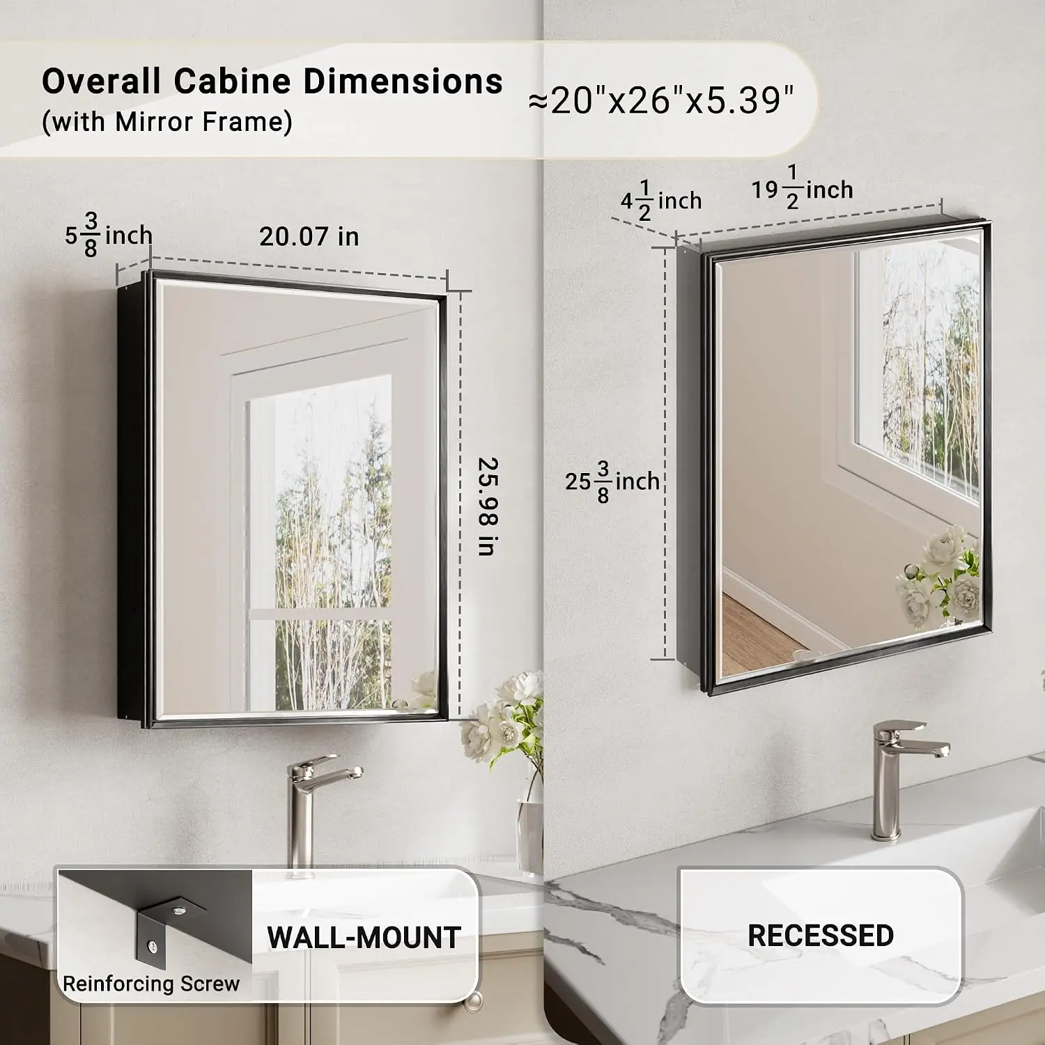 Black Medicine Cabinet Mirror Surface Recessed Aluminum Frame Bathroom Vanity Adjustable Shelves Storage, Customized