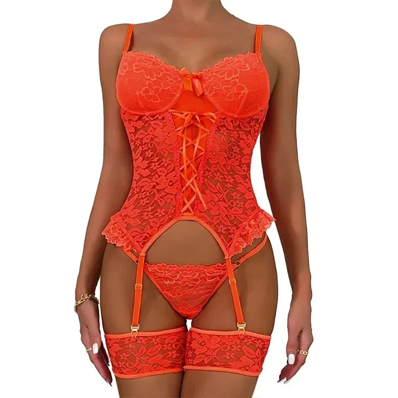 Lace Transparent Bodysuit Women Halter Patchwork G-String Lingerie Set Ladies Sexy Underwear Set Bralette Women Intimates